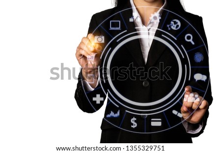 Digital marketing media  in virtual icon globe shape business open his hand, working touch screen computer, smartphone and tablet front view in morning light.