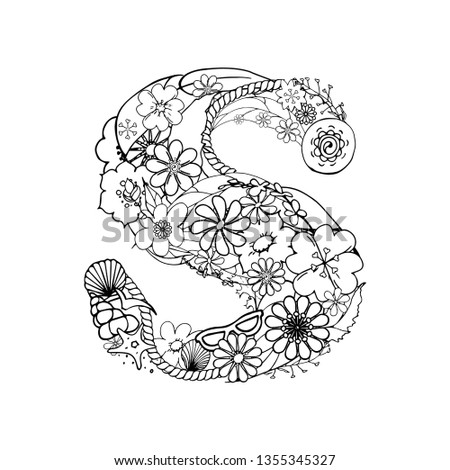 Vector Hand drawn Floral letter S in dudling style. Creative decorative alphabet with branches of leaves,plants,flowers. Outline hand drawing coloring page for coloring book. Isolated Summer elements.