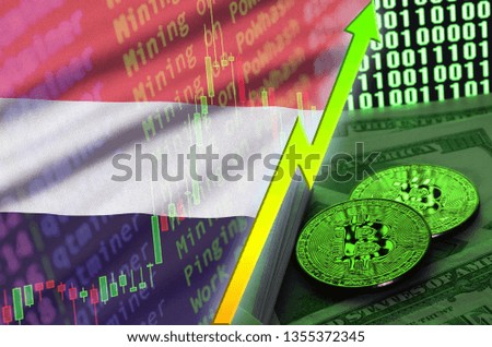Yemen flag and cryptocurrency growing trend with two bitcoins on dollar bills and binary code display