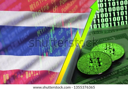 Thailand flag and cryptocurrency growing trend with two bitcoins on dollar bills and binary code display