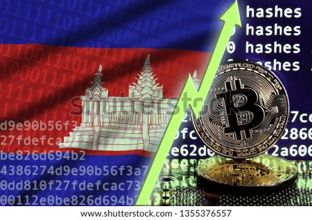 Cambodia flag and rising green arrow on bitcoin mining screen and two physical golden bitcoins