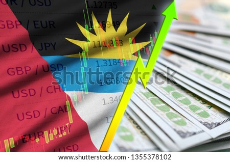 Antigua and Barbuda flag and chart growing US dollar position with a fan of dollar bills