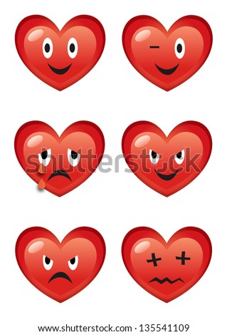 Set of funny vector cartoon hearts with various facial expressions isolated on white background