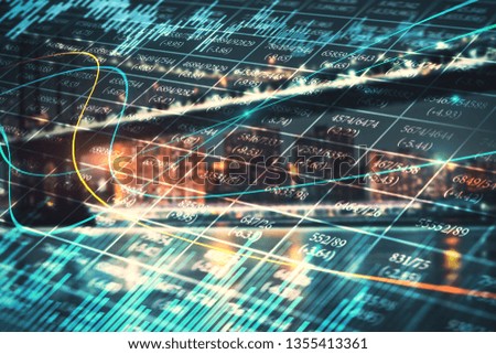 Creative glowing forex chart on night city backdrop with candlestick line. Finance. trade and invest concept. Double exposure 