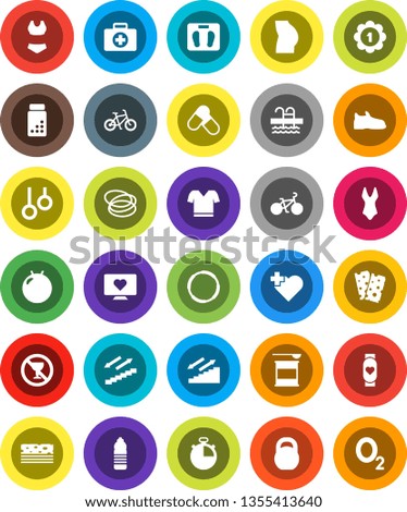 White Solid Icon Set- scales vector, stopwatch, pills vial, bike, weight, fitball, buttocks, snickers, swimsuite, t shirt, medal, sports nutrition, heart monitor, water bottle, stairways run, breads