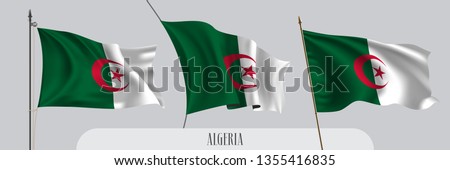 Set of Algeria waving flag on isolated background vector illustration. 3 green white Algerian  wavy realistic flag as a patriotic symbol  Royalty-Free Stock Photo #1355416835