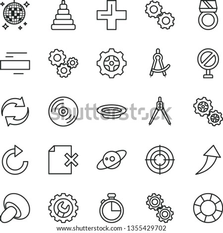 thin line vector icon set - prohibition vector, renewal, plus, minus, clockwise, stacking toy, gear, timer, CD, delete page, porcini, plate, gears, drawing compass, saturn, gold ring, aim, arrow up