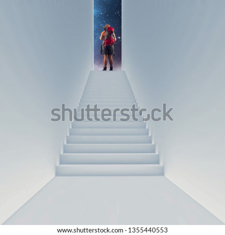 Traveler with a backpack on top of stairway going to space . 