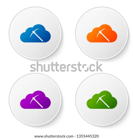 Color Cryptocurrency cloud mining icon isolated on white background. Cloud with pickaxe, bitcoin, altcoins, digital money market, cryptocoin wallet. Set icons in circle buttons. Vector Illustration