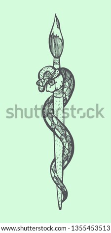 snake-artist character. Hand-drawn graphic vector illustration for children's book, cover, postcard. 