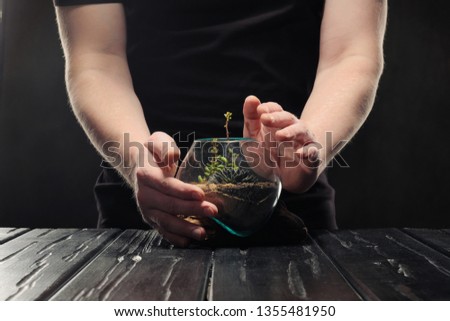 Two male hands are caring for a small garden with tropical plants, succulents and sand in a glass pot. Concept of protecting nature and the environment on a black background.