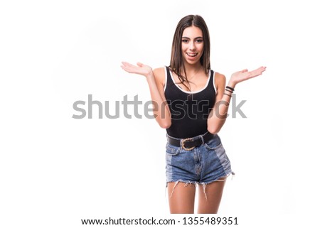 Person people positivity idea innovation share lifestyle leisure expert jeans hipster denim concept. Portrait of cute beautiful marketer asking to make a choice isolated on gray background copyspace