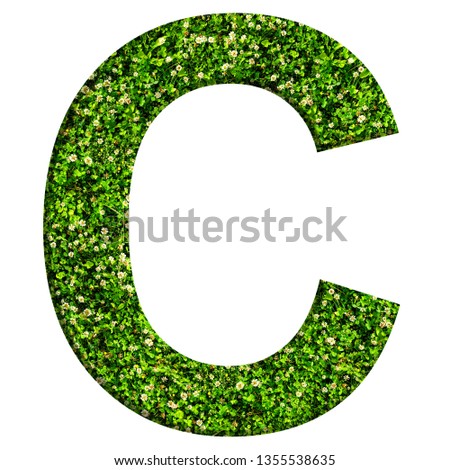 Alphabet letter C made of green grass and clovers. Letter isolated on white background