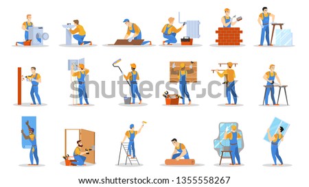 Home repair worker set. Collection of people making house renovation. Man in helmet painting wall, electrician working, guy on the ladder. Isolated vector illustration in cartoon style Royalty-Free Stock Photo #1355558267