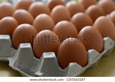 Close up Raw Brown Chicken Eggs, Easter eggs In Paper Container, selective focus points.