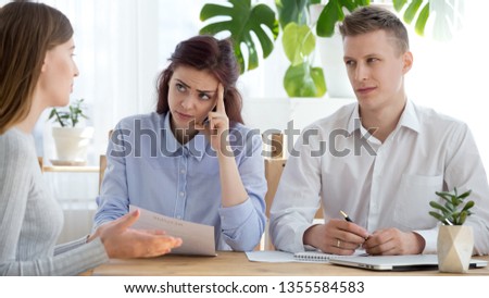Female manager listen to job applicant at interview. Business meeting with new candidate. Human resources, no recruiting, office work concept, reject, mistrust, bad resume, first impression, fraud Royalty-Free Stock Photo #1355584583