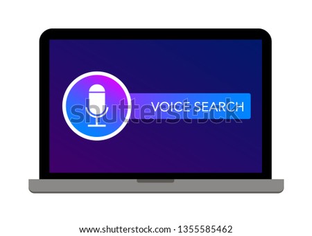 Voice search flat design modern vector icon with microphone and text form field on grey laptop screen isolated on white background.