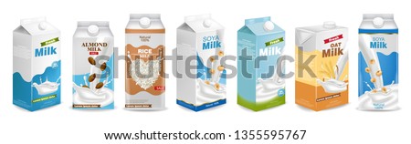 Milk boxes set Vector realistic. Collection of regular milk, oats, soy, rice and almond milk. Realistic 3d illustration sets Royalty-Free Stock Photo #1355595767