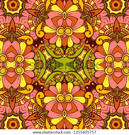 Kaleidoscope geometric seamless pattern with mandalas elements. Abstract vintage ethnic pattern.  Mosaic ornamental vector background. eps10