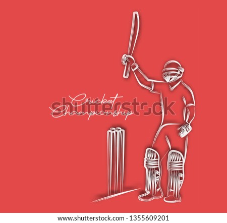 Concept of Batsman playing cricket raises his bat after scoring a full century - championship, Line art design Vector illustration.
