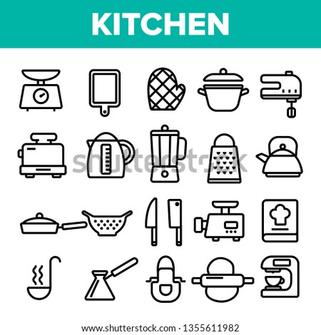Kitchenware Line Icon Set Vector. Home Kitchen Tools Symbol. Classic Kitchenware Cooking Icons. Thin Outline Web Illustration