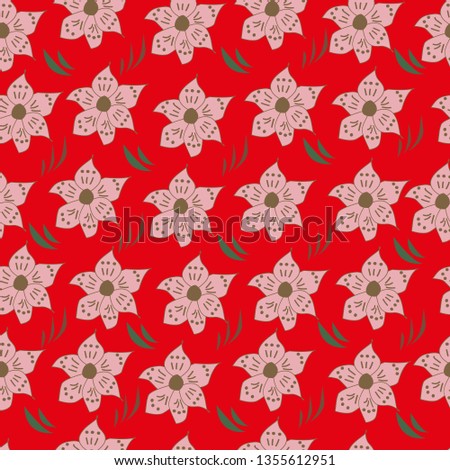 Vector seamless pattern with abstract flowers. Red background.