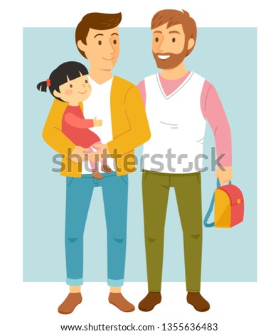 Happy male gay couple holding their adopted daughter and smiling happily