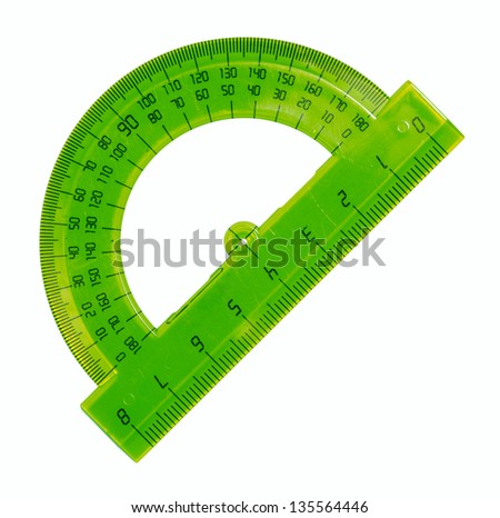 Green plastic protractor, isolated on a white background