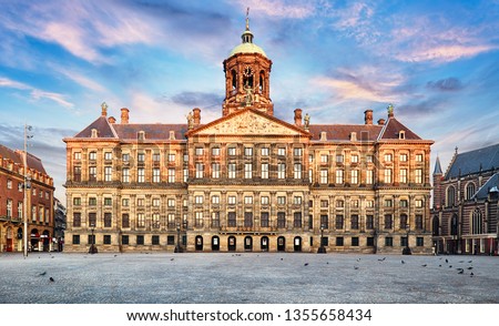 Royal Palace at the Dam Square in Amsterdam, Netherlands. No people in Dam Square in Amsterdam, Netherlands. Royalty-Free Stock Photo #1355658434