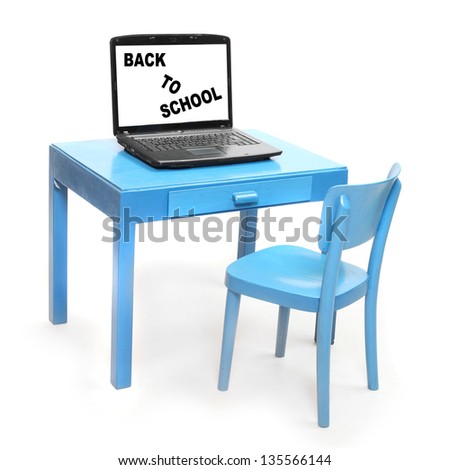 Blue chair and table with laptop. Picture with space for your text or image.