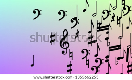 Disco Background. Many Random Falling Notes, Bass and, G Clef. Black Musical Notes Symbol Falling on Hologram Background. Disco Vector Template with Musical Symbols.