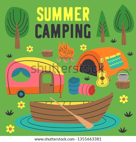 summer camping poster with a tent, a trailer and a boat - vector illustration, eps