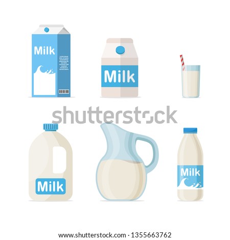 Set of milk in different packages: glass, carton, bottle isolated on White background Royalty-Free Stock Photo #1355663762