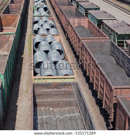 Cargo transportation, freight trains with goods on railway