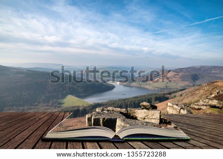 Beautiful landscape image of the Peak District in England  in pages of open book, story telling concept