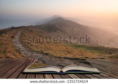 Beautiful Winter sunrise landscape image of The Great Ridge in the Peak District  in pages of open book, story telling concept