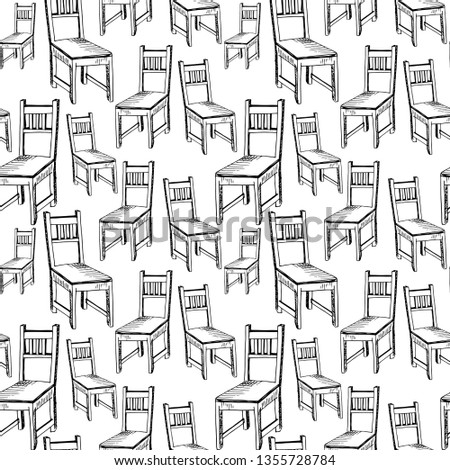 chairs pattern, seamless pattern hand drawn sketch of furniture, black and white drawing, vector pattern without background