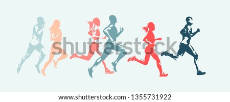 Marathon run. Group of running people, men and women. Isolated vector silhouettes Royalty-Free Stock Photo #1355731922