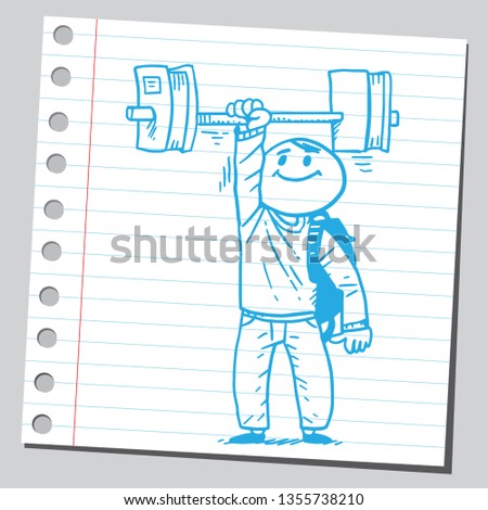 Schoolkid lifting books instead of dumbbell. Educational concept. Sketch style illustration on sticky note. 
