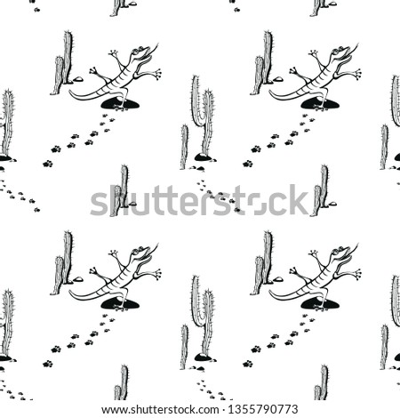 Seamless pattern with cartoon lizards does yoga against a desert background with cacti. Healthy lifestyle concept. Use for postcards, print for t-shirts, posters, textile.