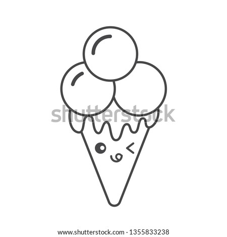 Vector illustration: color page with kawaii style ice cream icon with cute face isolated on white background. Icon design for posters, banners, greeting cards, Things for kids - clothes, dishes, toys.