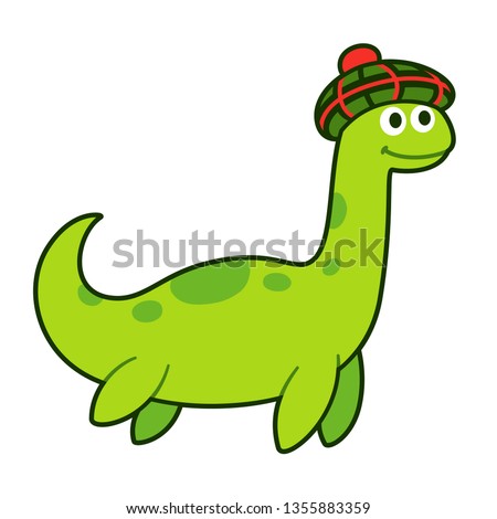 Nessie, Loch Ness monster, in tam o' shanter (traditional Scottish bonnet). Funny cartoon drawing, cute character vector illustration. Royalty-Free Stock Photo #1355883359