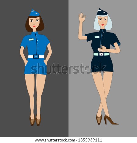 Two girls stewardess in light and dark blue uniform with different gestures as isolated cartoon characters. Welcome on board. Cabin attendant or crew member in flight are greeting in travel or trip
