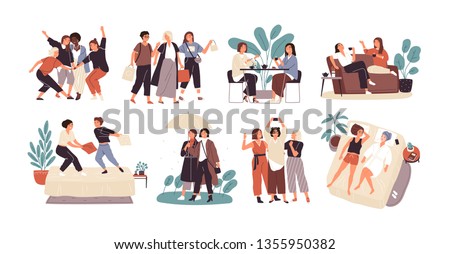Bundle of young women or girl friends spending time together - drinking tea at cafe, walking with umbrella, pillow fighting, shopping, taking selfie. Cute cartoon characters. Flat vector illustration. Royalty-Free Stock Photo #1355950382