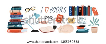 Books and reading set. Textbooks for academic studies, cute cats, houseplant, glasses. Bundle of decorative design elements isolated on white background. Flat cartoon colorful vector illustration.