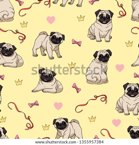 Seamless pattern with cute pugs and doodles on light yellow background. Endless texture with funny dogs in different poses for your design