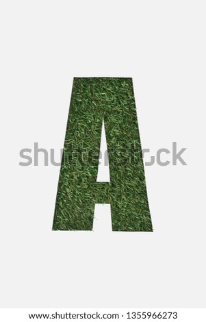 top view of cut out A letter on green grass background isolated on white