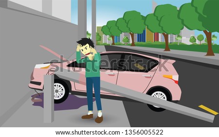 Men standing to call emergency helpers. Damage pink car crash pole light accident cannot drive on the street with nature and city on day background.