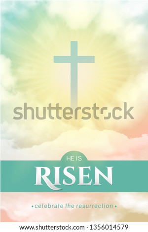 Christian religious design for Easter celebration. Rectangular vertical vector banner with text: He is risen, shining Cross and heaven with white clouds.