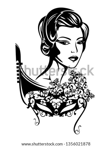 elegant woman with mask among rose flowers and gondola boat - venetian carnival lady black and white vector portrait